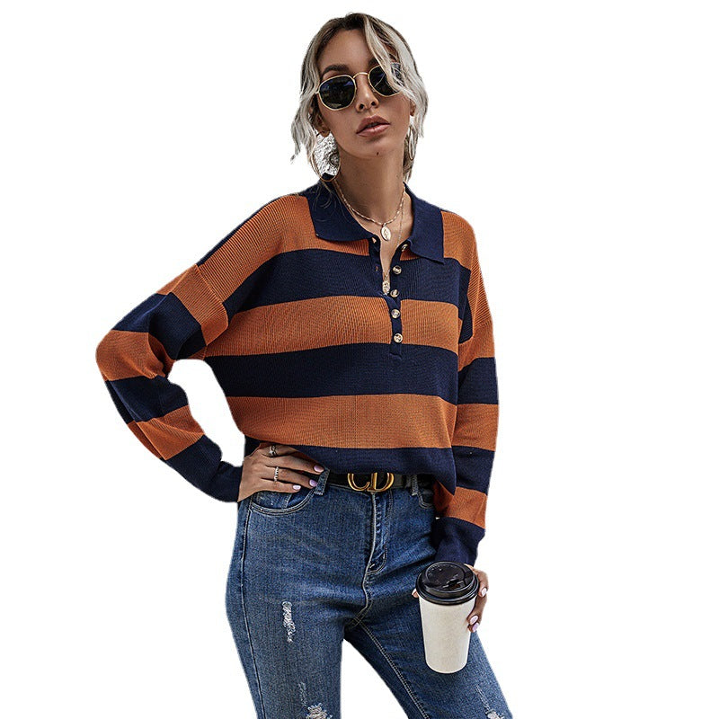 Autumn Loose Top Women Striped Long Sleeve Lapel Sweater Thin