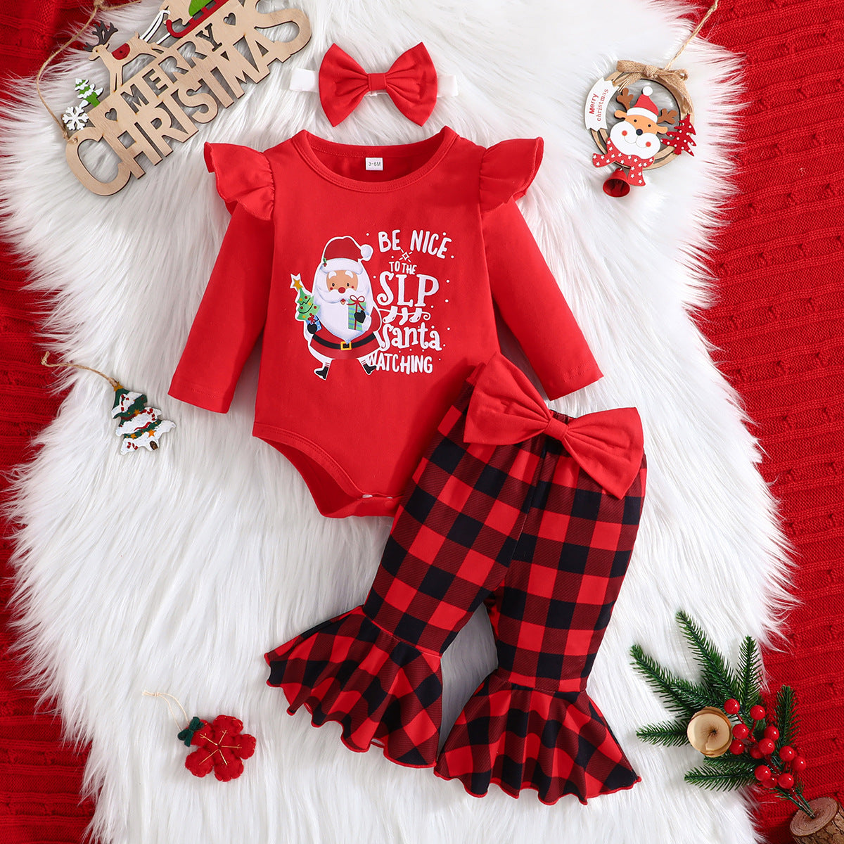 Christmas New Fashion Children's Headscarf + Lace Printed Top + Leopard Lace Pants Three-Piece Set