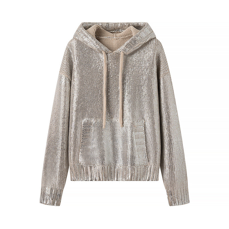 New Silver Metal Rib Hooded Long-Sleeved Drawstring Pullover Sweater