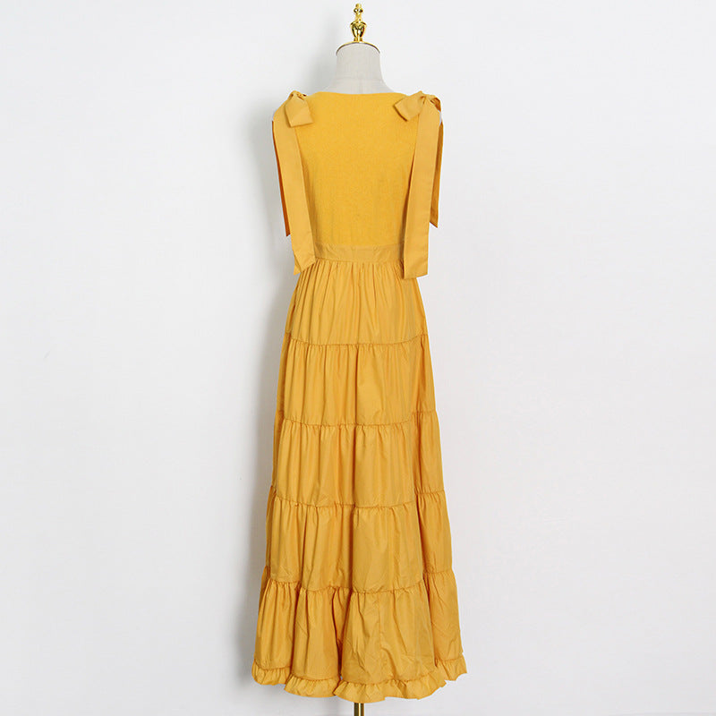 Fashion Commuter Style Spring New Bow Lace-Up Halter Solid Color Patchwork Slim Mid-Length Dress