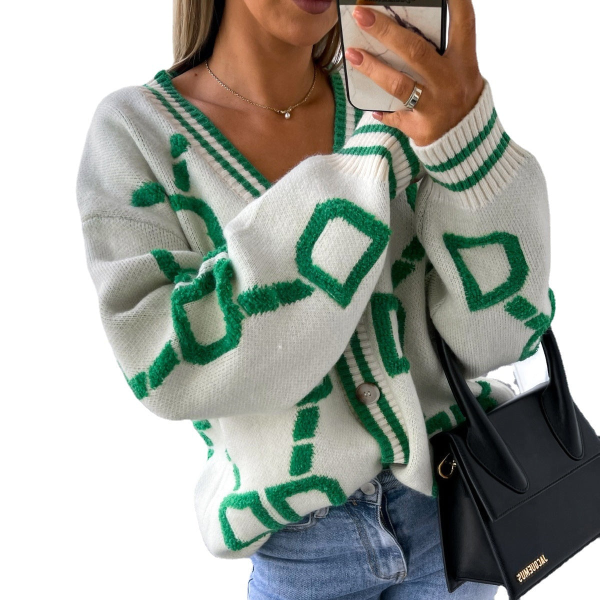 Autumn And Winter New Casual Color Contrast Letters Single-Breasted Long-Sleeved Sweater Cardigan Coat