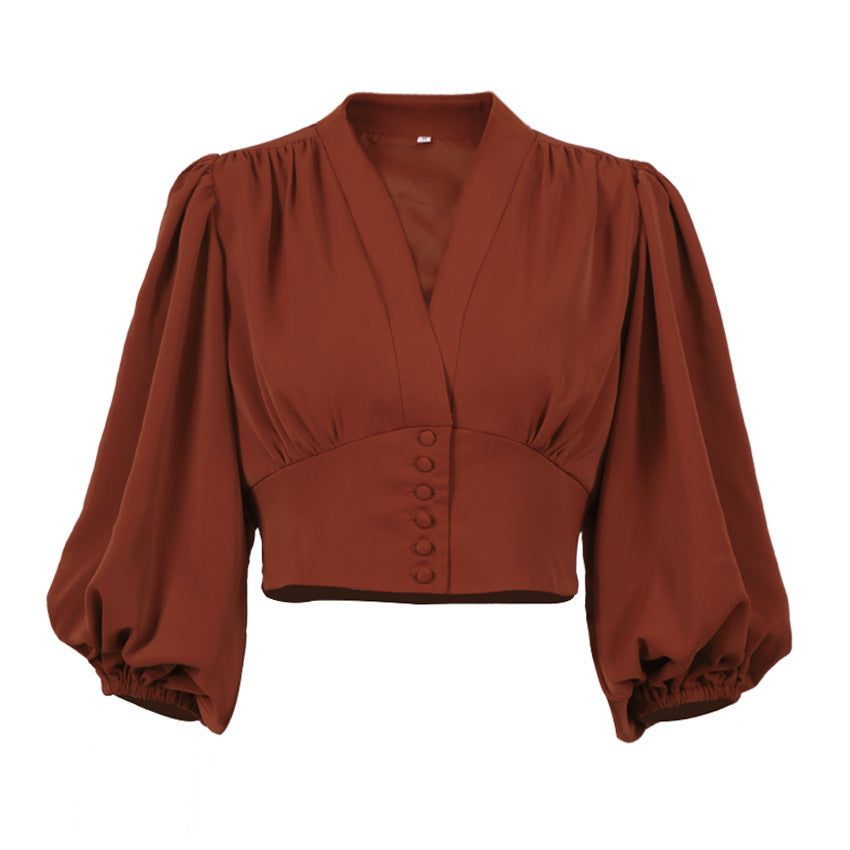 Autumn New V-Neck Women's Shirt Court Style Lantern Sleeve Slim Long-Sleeved Shirt