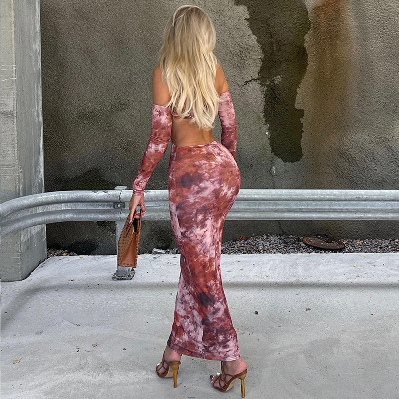 Private Dress Stretch Milk Silk Breast Long Dress Printed Backless Tight Bag Buttock Large Size Skirt