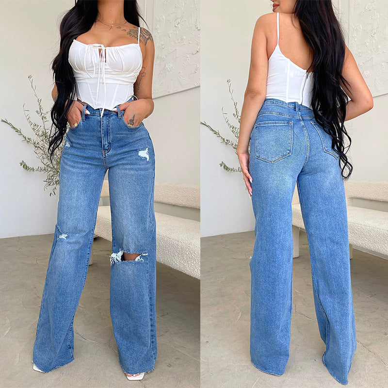 Women's Jeans Long, High-Waisted And Frayed Comfortable Wide-Leg Pants