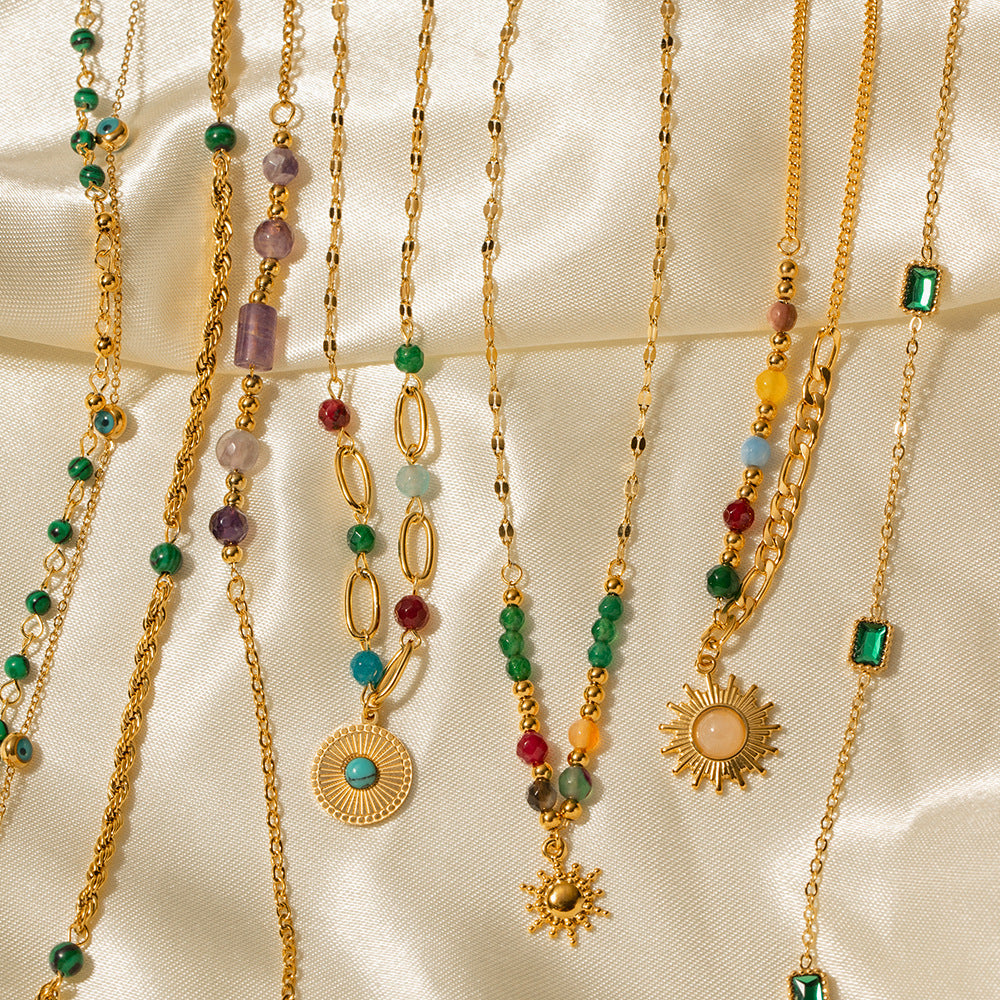 5pcs New Selling 18K Gold-Plated Stainless Steel Necklaces Inlaid With Turquoise Beads Necklace Women's Jewelry
