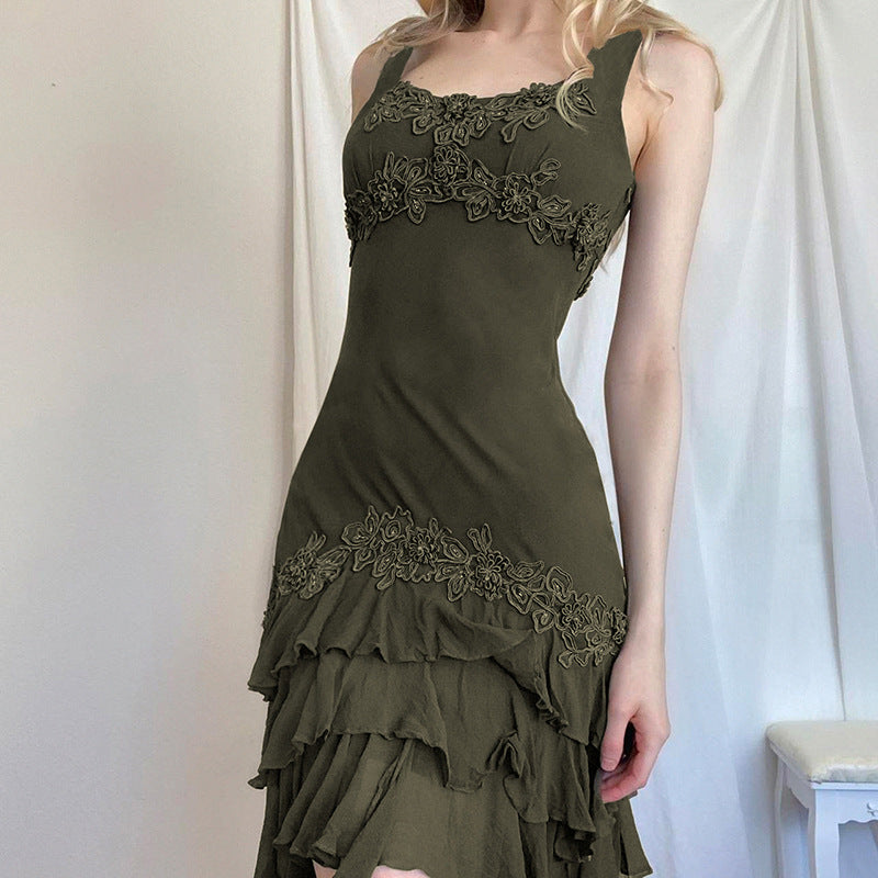 Waste Wind Flanged Irregular Halter Skirt Women's Long Layer Sense Waist Collection Bottom Dress