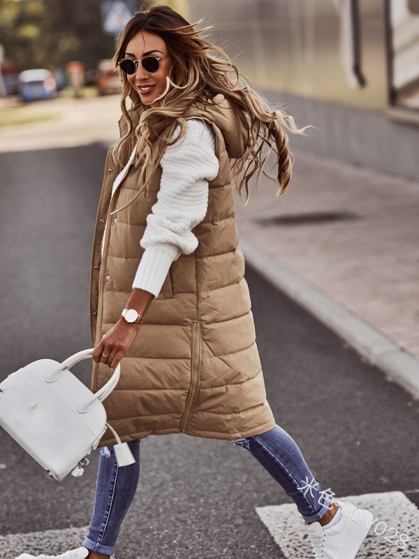 Solid Color Hooded Single Breasted Medium Long Cotton-Padded Vest Slim Temperament Cardigan Coat Top