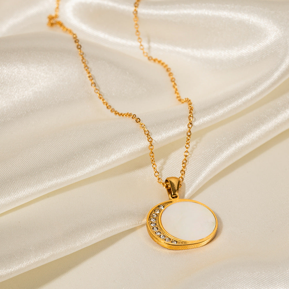 5pcs 18K Gold Stainless Steel Necklace Natural Shell Diamond Zircon Sun And Moon Pendant Necklace Women's Accessories