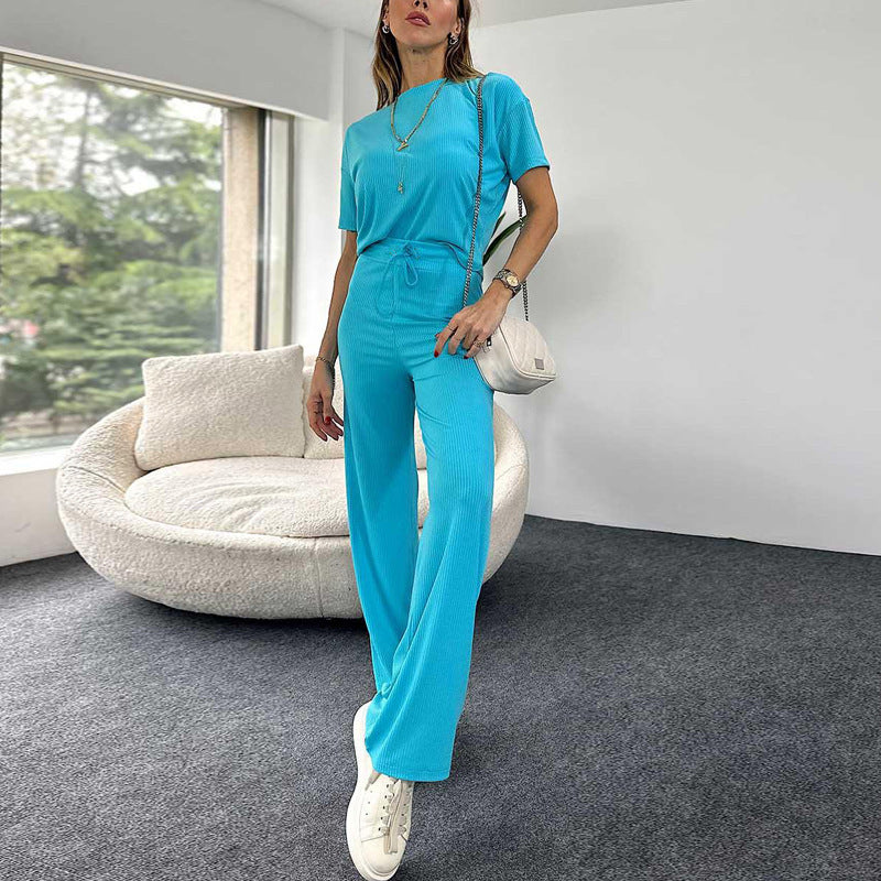 Women's Short-Sleeved Round Neck T-Shirt Elastic Waist Trousers Fashion Casual Two-Piece Set