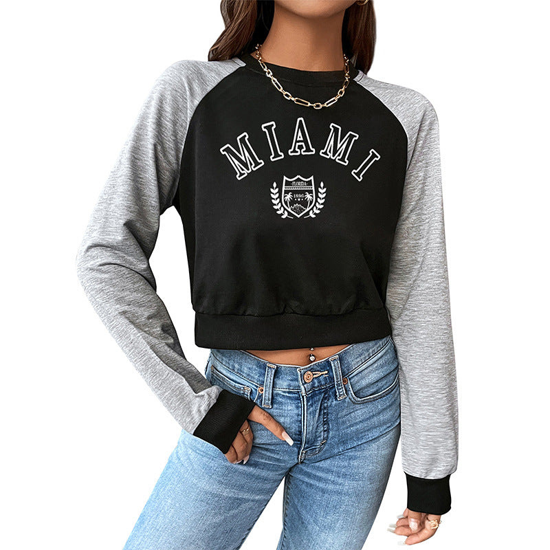 New Spring Leisure Sports College Style Color Short Crop Round Neck Letter Pullover Hoodie Woman