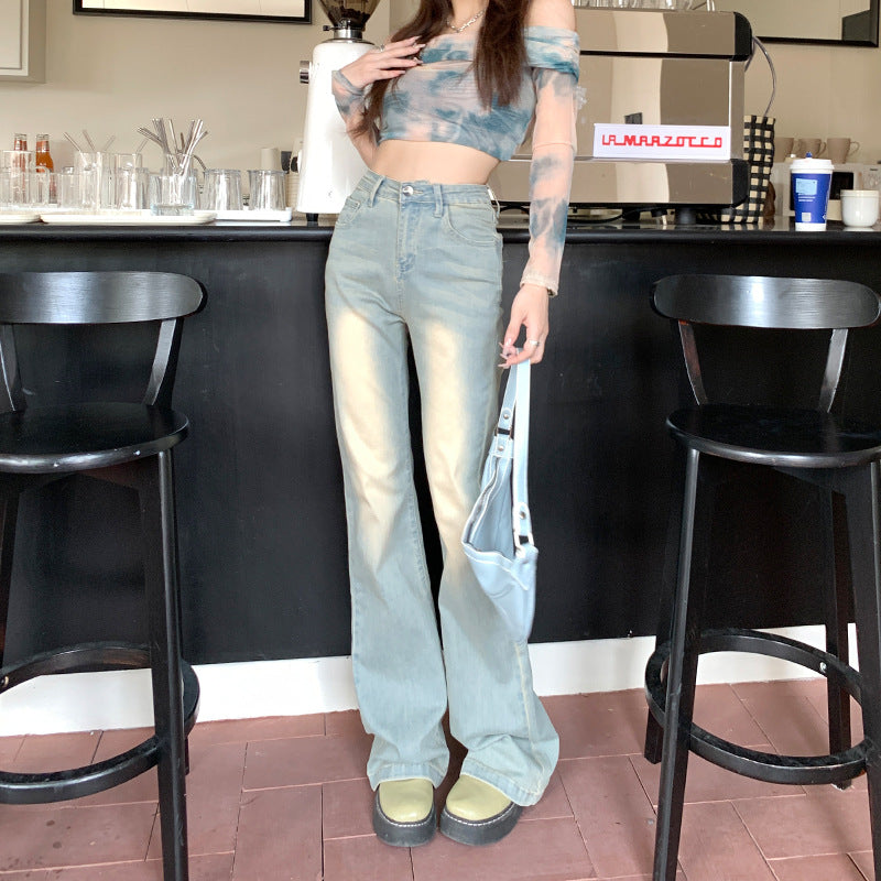 Retro Spice Micro-Cut Jeans For Women Autumn New High-Waisted Slimming All With Horseshoe Bell Bottoms