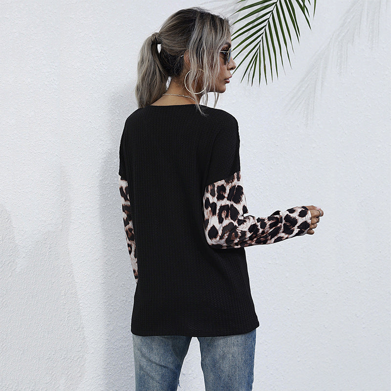 Autumn Women's Clothing Long-Sleeved Loose Black Leopard Patchwork Knitwear