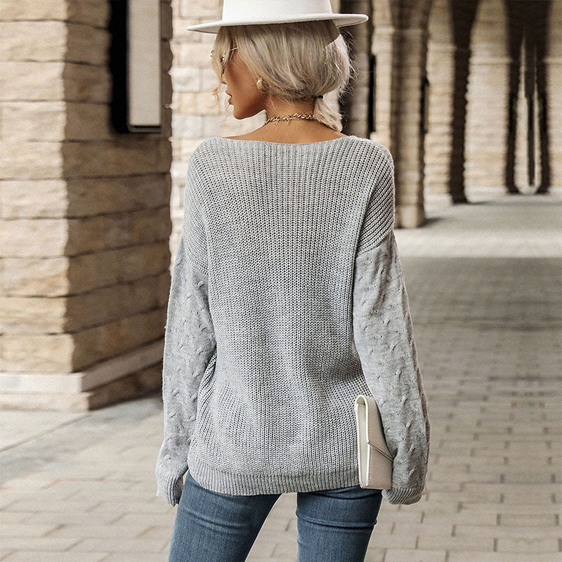 Chic V-Neck Twist Gray Sweater