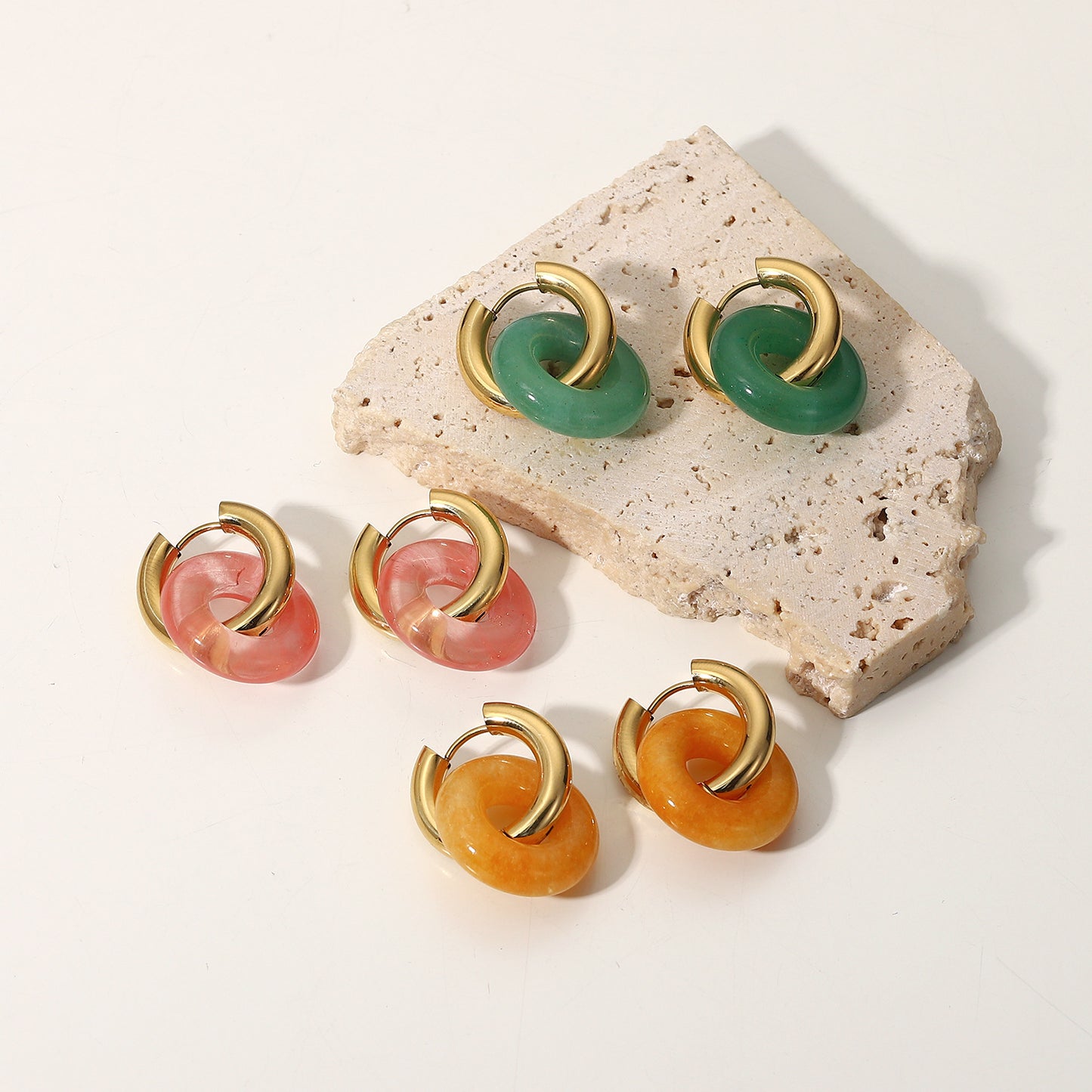 5pcs New Fashion Vintage Natural Stone Ring Earrings 14K Gold Plated Stainless Steel Earrings Style Earrings For Women