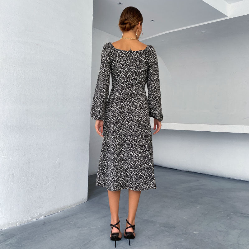 Fashion Women's Long-Sleeved Floral Square Collar Dress Female Autumn