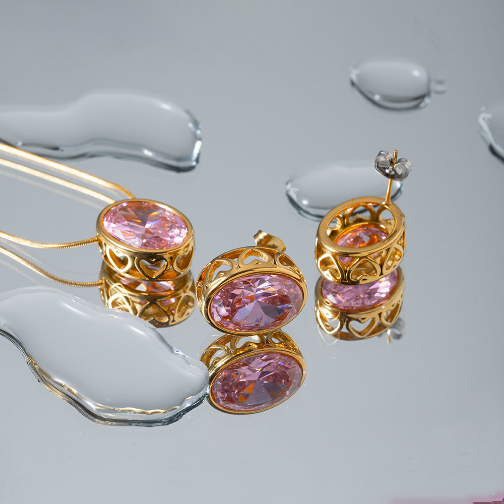 5pcs 18K Gold Stainless Steel Oval Hollow Inlaid Zircon Earrings Temperament Design Earrings