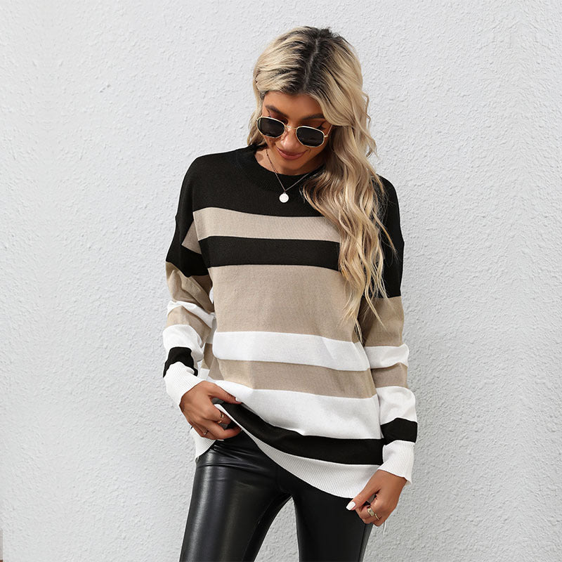 Striped Elegance for Autumn & Winter: Women's Long-Sleeved Fashion Sweater