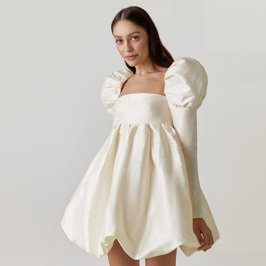 Autumn Puffed Sleeve Satin Color Ding Princess Dress Gown Long Sleeve Square Collar Court Style Dress Woman