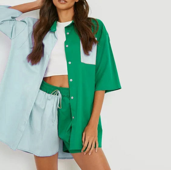 Spring And Summer New Casual Suit Women Color Collocation Oversized Sleeved Shirt Blouse Elastic Waist Shorts Two-Piece Set