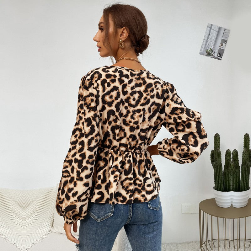 New Slim-Fit V-Neck Top Hollow Long-Sleeved Off-The-Shoulder Leopard Print Shirt