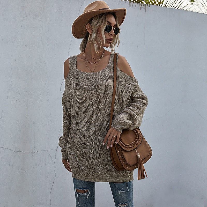 Autumn Solid Color Knitted Square Neck Off-Shoulder Bottom Sweater Women Long Sleeves In Autumn Women's