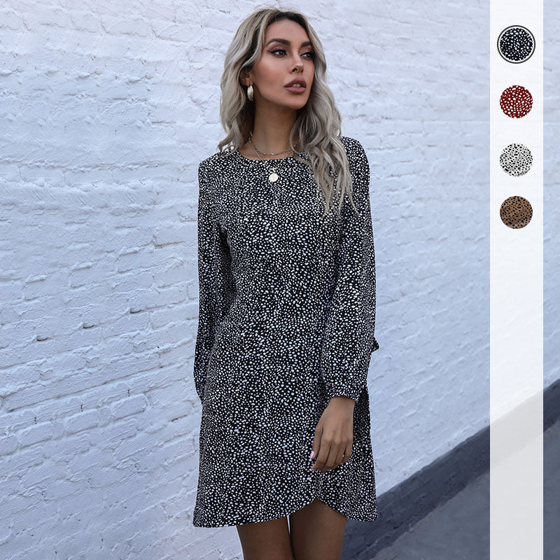 Retro Women's Lace Irregular Leopard Print Long-Sleeved Dress Autumn And Winter