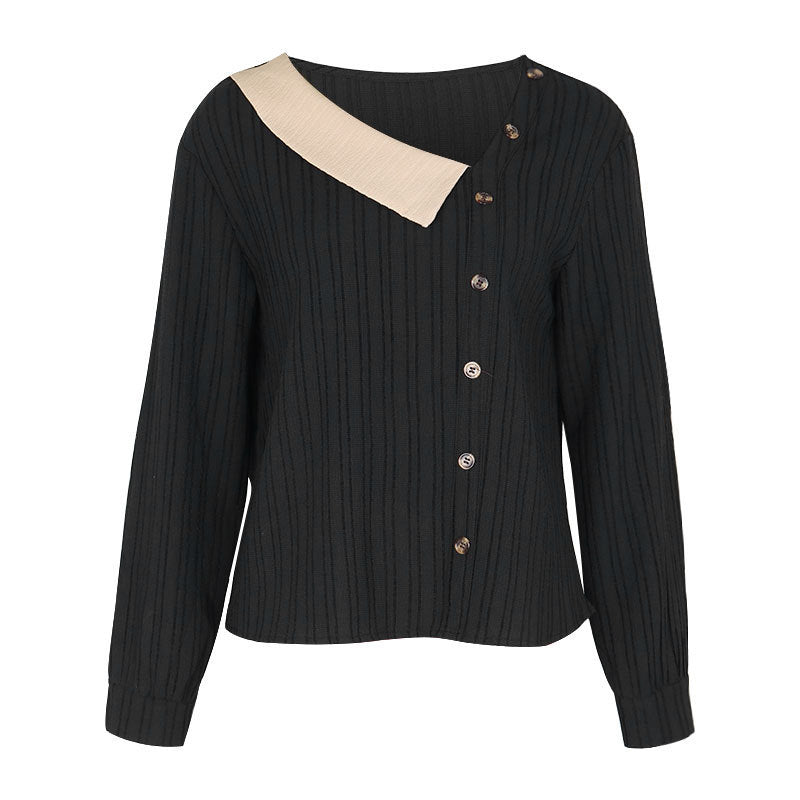 Autumn New Blouse Color Splicing V-Neck Long Sleeve Button Decoration Top