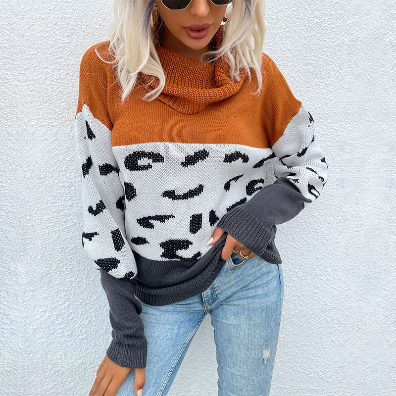 Autumn Winter Casual Women's Leopard-Print Color Contrast Long-Sleeved Pullover Sweater Women