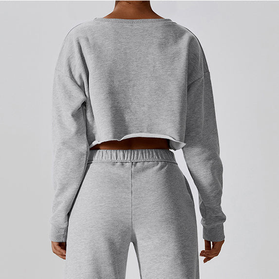 Warm Long Sleeve Hoodie T-Shirt Women Short Pullover Outdoor Fitness Smock Loose Casual Sportswear