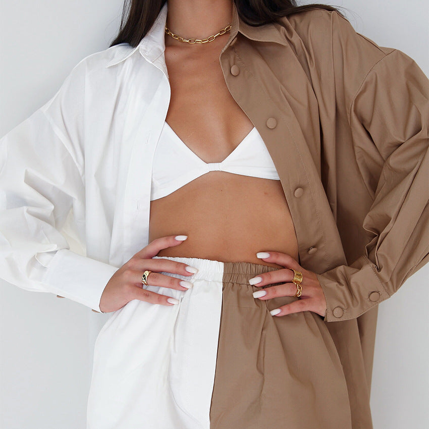 Autumn Women's New Color Contrast Long-Sleeved Shirt Shorts Two-Piece Cotton And Linen Casual Fashion Suit