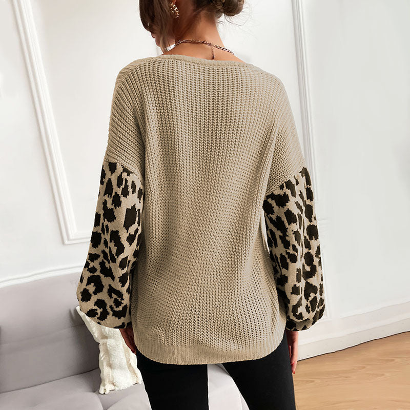 Autumn New Women's Thin Round Neck Knitted Jumper Leopard Print Sweater Woman