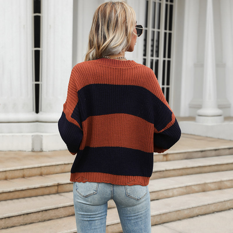 Fashion Women's Autumn Long Sleeve Color Matching Loose V-Neck Sweater To Wear