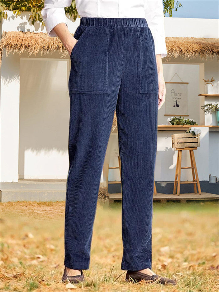 New Women's Clothing Solid Color Elastic Waist Striped Straight Leg Casual Pants