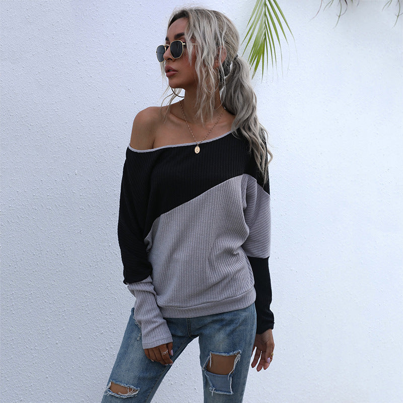 Fashion Women's Long-Sleeved Sweater Color Matching Loose Off-The-Shoulder Shoulder