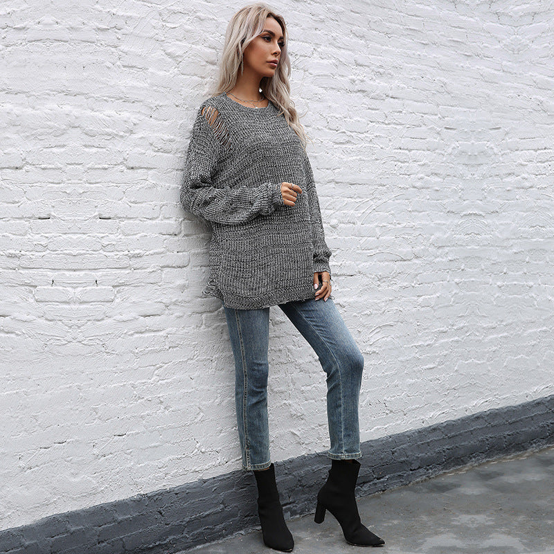 Autumn Wind Hole Solid Color Crew-Neck Mori Sweater Knit Woman