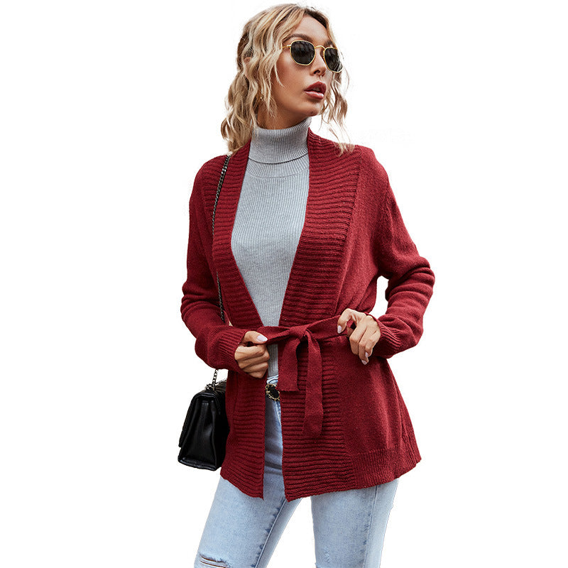 Women's Autumn Red Loose Long-Sleeved Preppy Sweater Coat