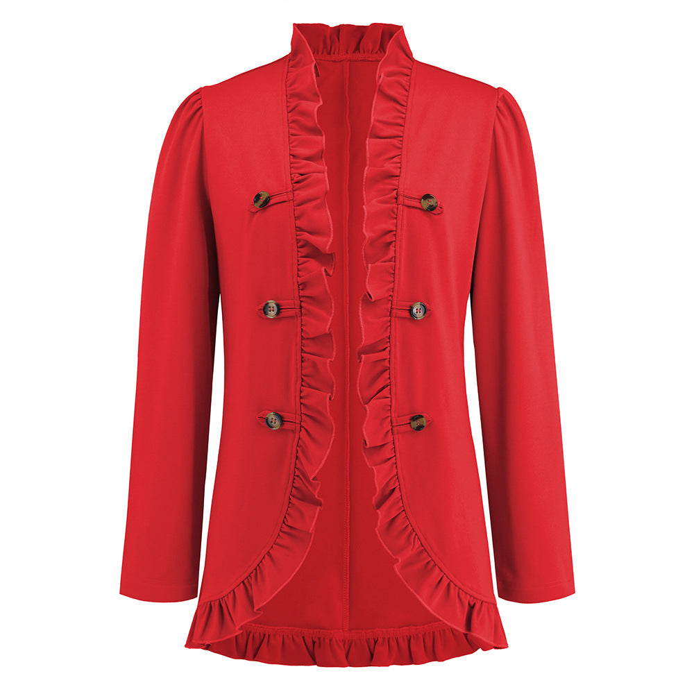 Women's Ruffled Cardigan Button Small Coat Autumn And Winter New Long-Sleeved Short Small Suit