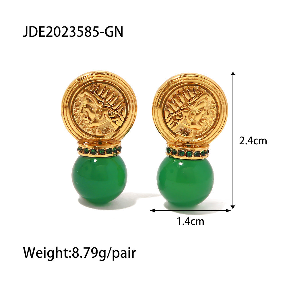 5pcs Retro Stainless Steel Inlaid Green Pendant Earrings Titanium Steel Pendant Earrings