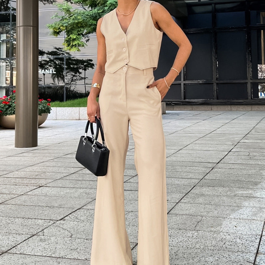Khaki V-Neck Sleeveless Vest Set New Autumn Fashion Women's Two-Piece Set