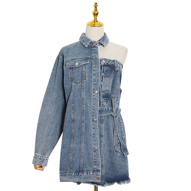 New Fashion Temperament Personality Street Style Lapel Sexy Off-The-Shoulder Asymmetrical Lace-Up Short Dress Woman