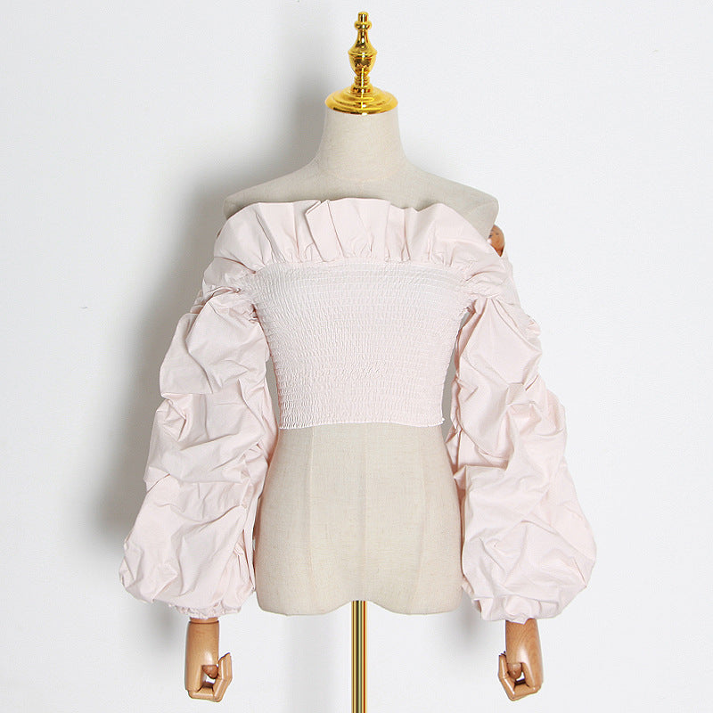 Ruffled Shirt Women's Spring Slim-Fit Solid Color All-In-One Lantern Neck Long Sleeve Slim-Fit Women's Short Shirt