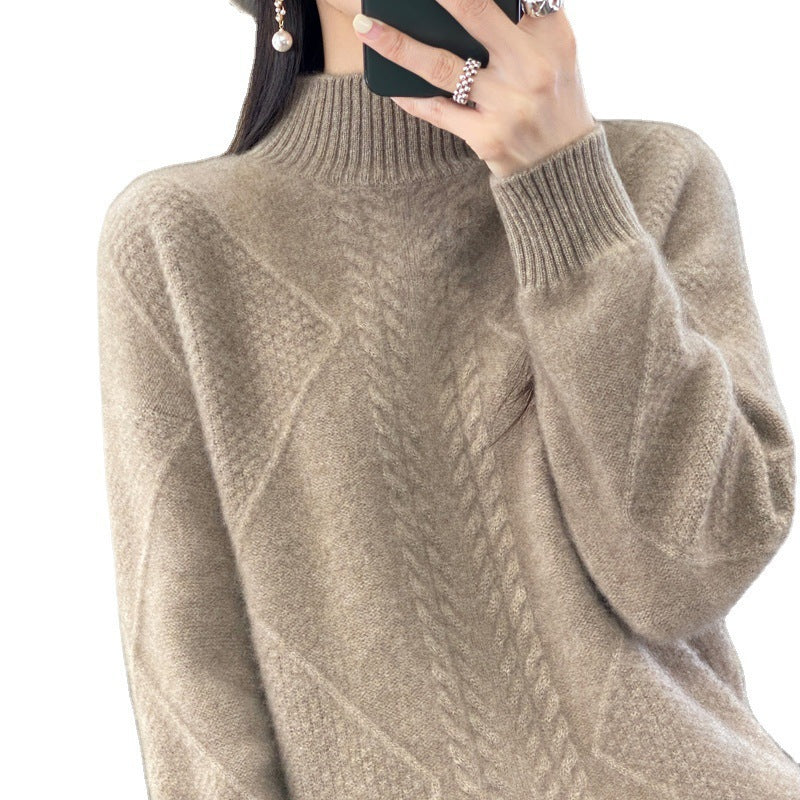 Diamond Twist Thickened Half Turtleneck 100 Woolen Sweater Women's Loose Pullover Long-Sleeved Base Sweater
