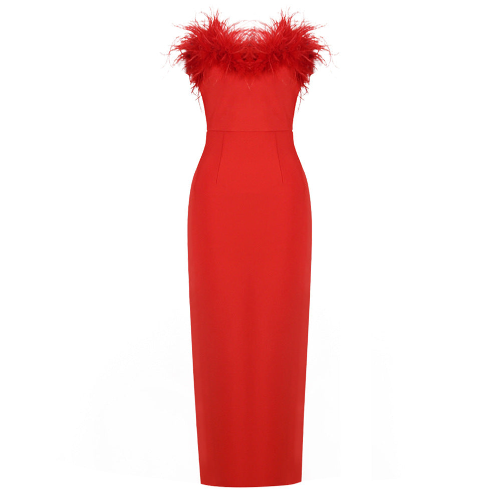 New Strapless Bandage Dress Fashion Feather Elegant Tight Wrap Hip Sleeveless Party Banquet Dress