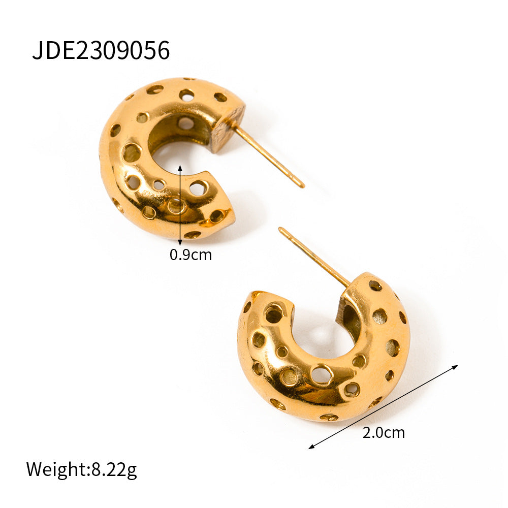 5pcs 18K Gold Stainless Steel Round Hollow C-Shaped Earrings New Fashion Temperament Niche Design Earrings