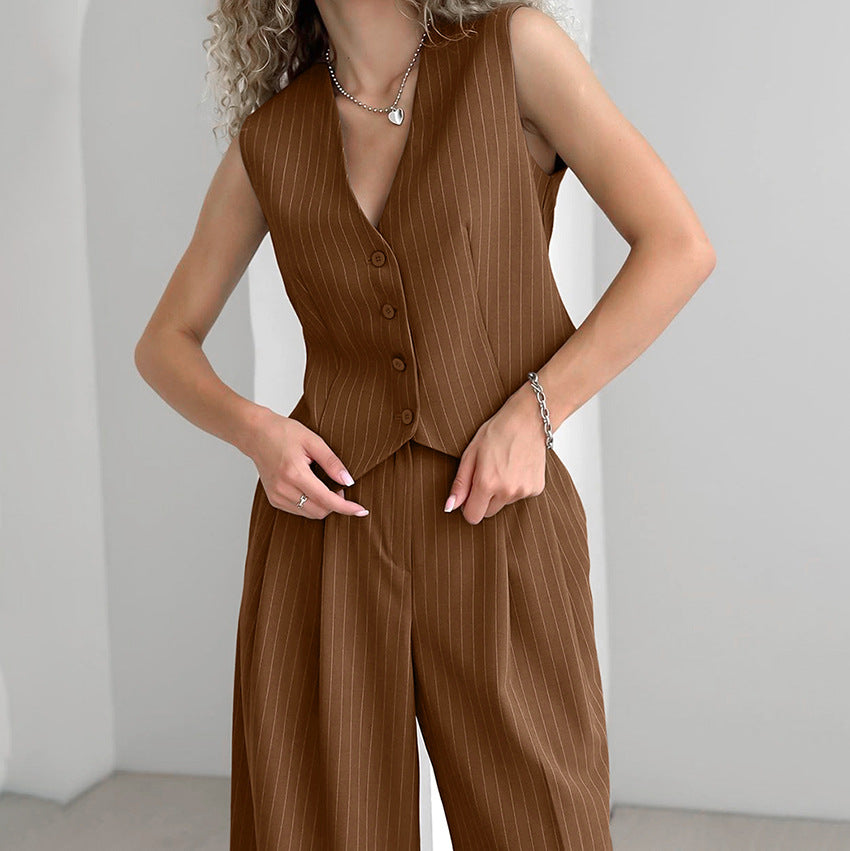 Retro V-Neck Striped Suit Two-Piece Suit Fashion Dry Autumn And Winter New Royal Sister Style Women's Wear
