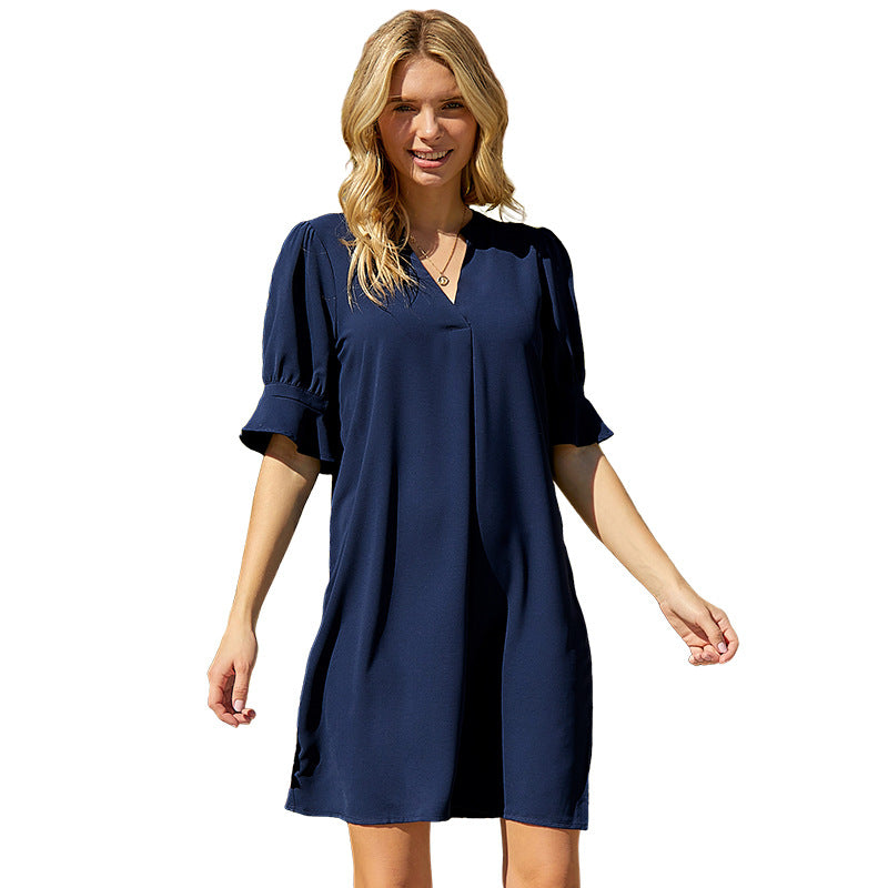 Summer New Chiffon Dress Women Loose Mid-Sleeve Solid Color V-Neck Knee Skirt