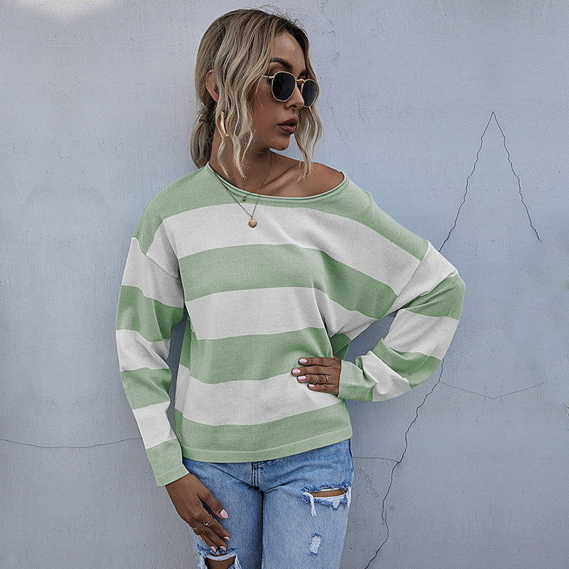Stylish Women's Loose Crew Neck Striped Sweater