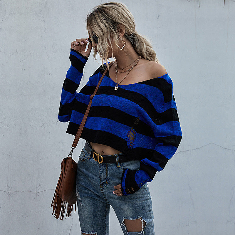 Autumn Women's Striped V-Neck Loose Short Knit Bottom Sweater Women Long Sleeves Sexy