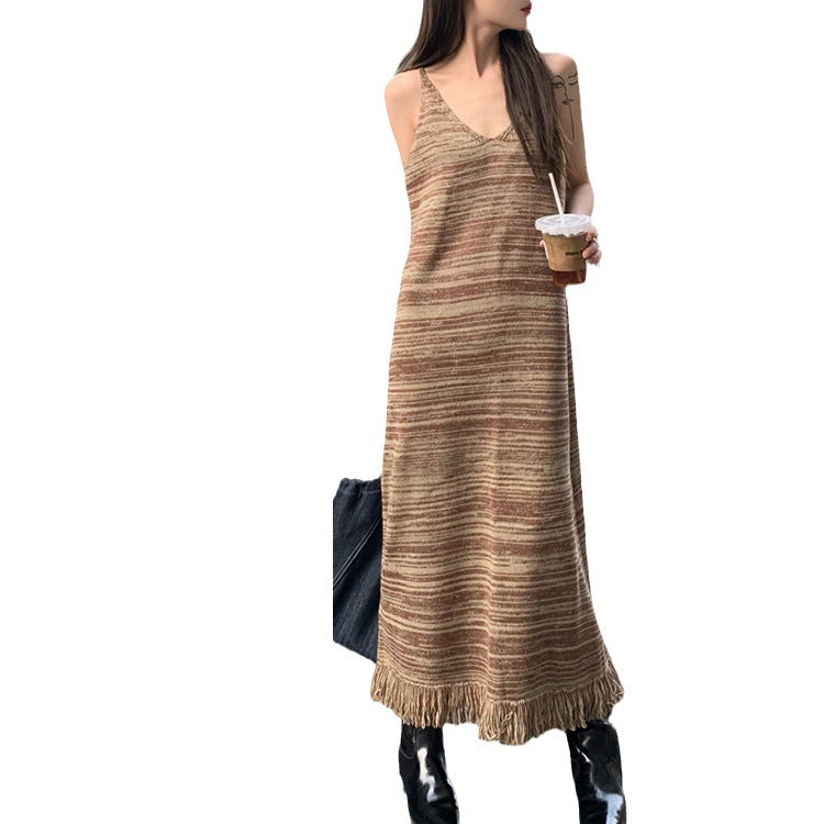 Vintage V-Neck Fringe Striped Knit Slip Dress Women's Spring And Autumn New Dress With A Bottom Over The Knee Skirt Summer