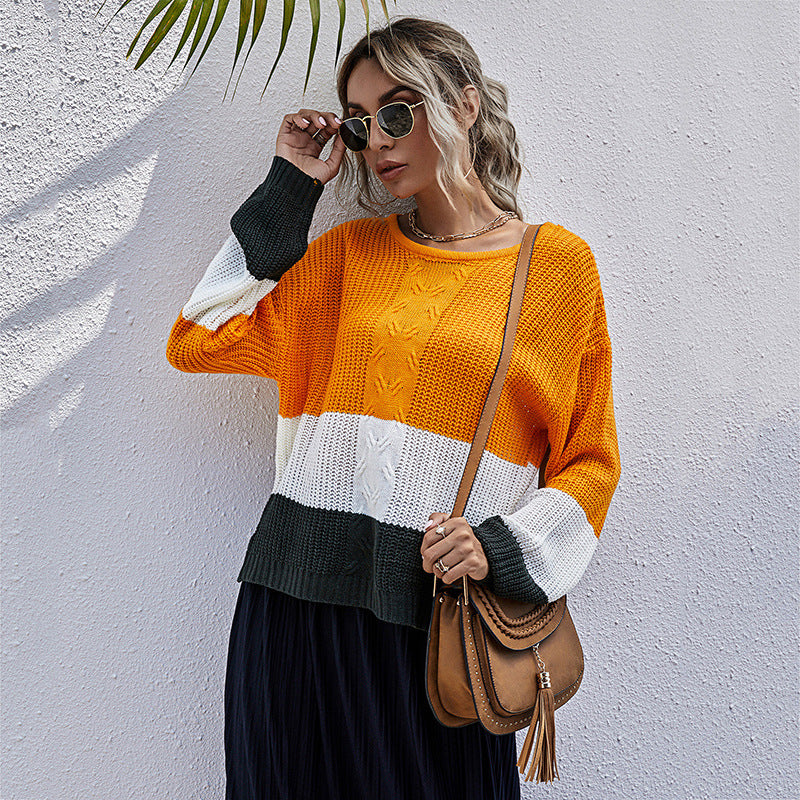 Casual Loose Long-Sleeved Color Contrast Twist Women's Sweater